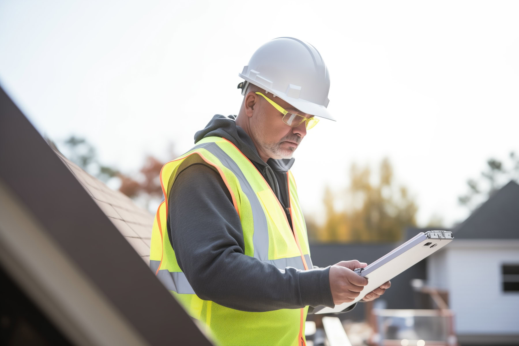 A male inspector checking his clipboard during a roof inspection
